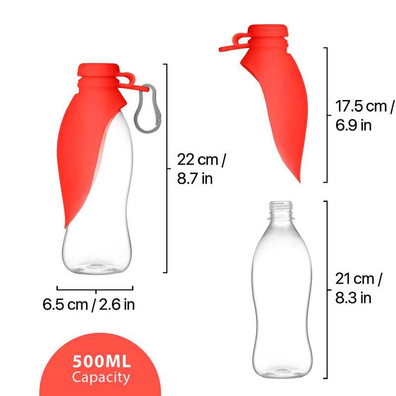 [Australia] - Flexzion Portable Dog Pet Food Water Dispenser Bottle 500ML/17oz - Compact Expandable Silicone Travel Drinking Feeder Bowl with Flip-up Tray & Hanging Buckle Accessory for Cat Puppy Outdoor Water Bottle Red 
