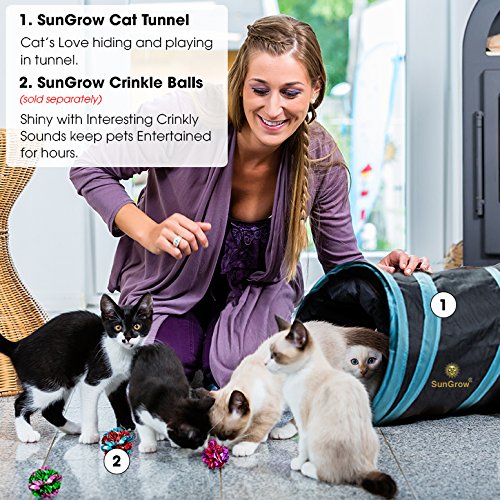 [Australia] - SunGrow Collapsible Cat Tunnel, 36 Inches Long with 3 Openings, Interactive Play Toy with Peep Hole and Crinkle Ball, Ideal for Multi-Cat and Independent Play 