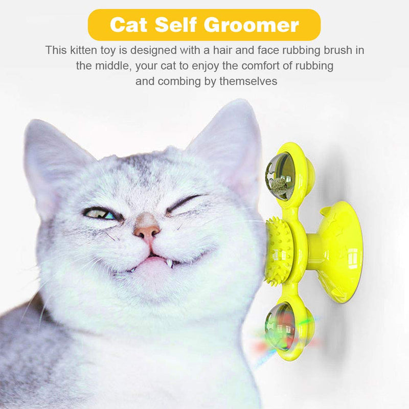 Abnaok Catnip Toy for Indoor Cats Interactive, Windmill Cat Toy Kitten Toys with Led Ball and Catnip Ball, Wall Mount Cat Brush (Yellow) Yellow - PawsPlanet Australia