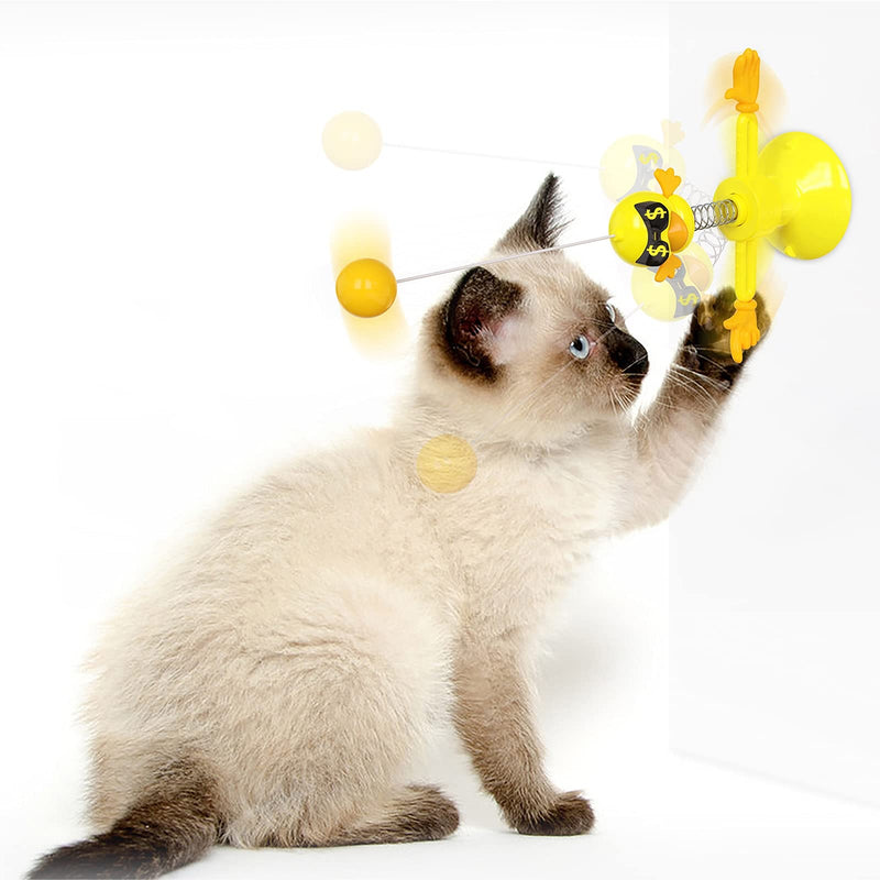 Cat Toys with Strong Suction Cup, Turntable Kitten Toys with Two Hands and Springs, Interactive Cat Toys for Indoor Cat Dancer with Cat Balls(Yellow) - PawsPlanet Australia