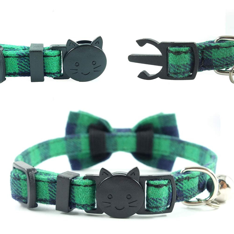 [Australia] - Cat Collar Breakaway with Bell and Bow Tie, Plaid Design Adjustable Safety Kitty Kitten Collars(6.8-10.8in) Green Plaid 