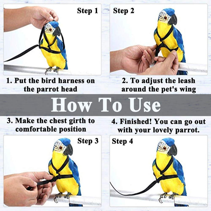 ASOCEA Adjustable Parrot Bird Harness Leash Budgie Nylon Lead Pet Outdoor Flying Training Anti-Bite Rope for Small Lovebird Cockatiel Mynah Small Birds - Black - PawsPlanet Australia