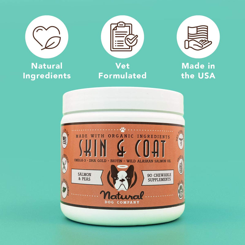 Natural Dog Company - Skin & Coat Omega Supplement | Supports Healthy Shiny Coats, Relieves Dry, Itchy Skin | Salmon & Pea Flavor - 90 Chews - PawsPlanet Australia