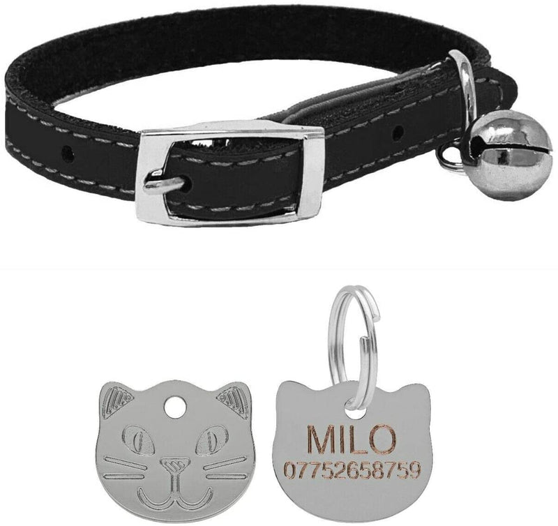 Genuine Leather Cat Collar with Safety Elastic & Bell with Optional Personalised Engraved Tag (Black, 22mm Cat Face Tag) Black - PawsPlanet Australia