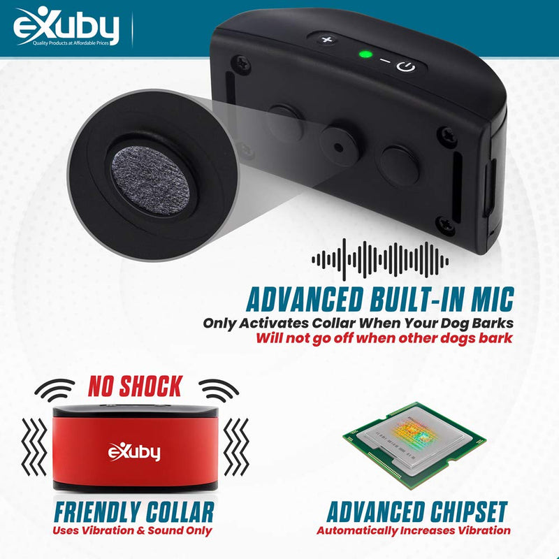 eXuby Friendly Dog Bark Collar w/ Built-in Microphone for Small Dogs - Humane Sound & Vibrations (No Shock) - Only Activates When Your Dog Barks - Advanced Chipset Auto Adjusts Vibration - No Prongs Black Solid - PawsPlanet Australia