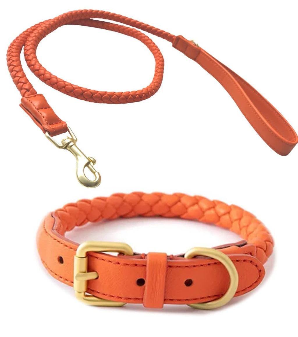 Dog collar and leash set (orange), round braided, gold, timeless design S: 29-35 cm orange - PawsPlanet Australia