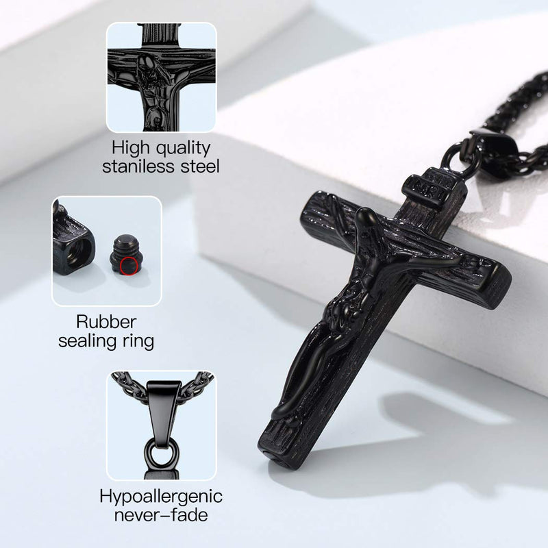 Personalized Cremation Jewelry Stainless Steel Moon Cat/Crucifix Cross/Tree of Life/Cylinder/Rectangle Keepsake Urn Pendants for Ashes, Custom Engraving Memorial Necklaces for Women Men B. Crucifix Cross-black Plated Stainless Steel Not-Personalized - PawsPlanet Australia