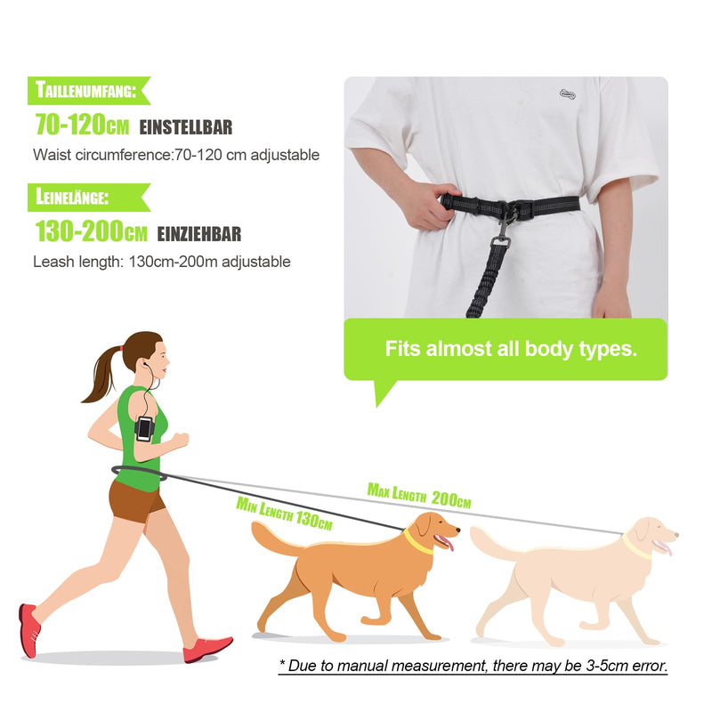 Snocyo jogging leash for dogs, jogging dog leash for medium and large dogs, elastic and reflective dog leash, retractable leash with double handle and waist belt for one dog, black and green - PawsPlanet Australia