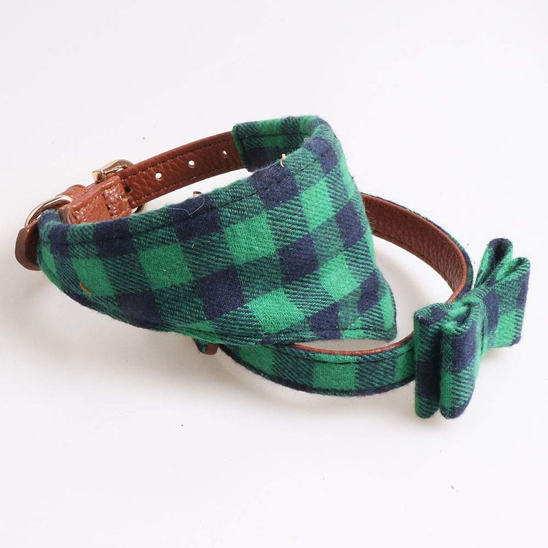 [Australia] - Fourhorse Small Dog and Cat Collars with Cute Flowers Bandana, Adjustable Buckle Soft and Comfortable XS green grid 