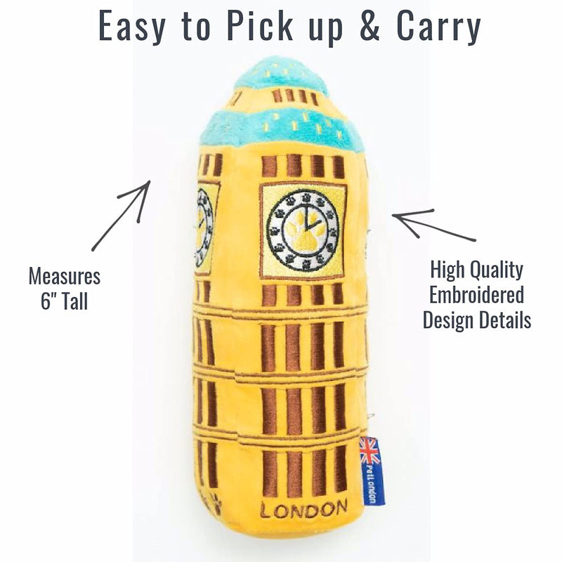 PetLondon British Big Ben London Clock Tower Plush Dog and Puppy Toy 6" With Squeaker, Landmark Parliament Cute Fun London Landmark UK Dog Interactive Toy - PawsPlanet Australia