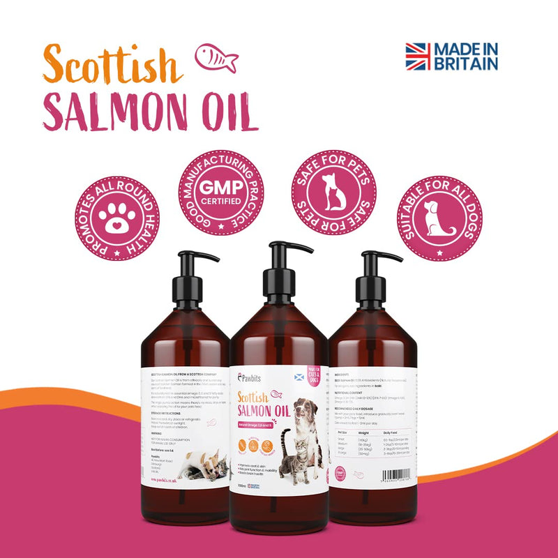 Pawbits 1 Litre Scottish Salmon Oil For Cats & Dogs - Natural Omega 3+6+9, Healthy Coat & Immune System Fish Oil 1 l (Pack of 1) - PawsPlanet Australia