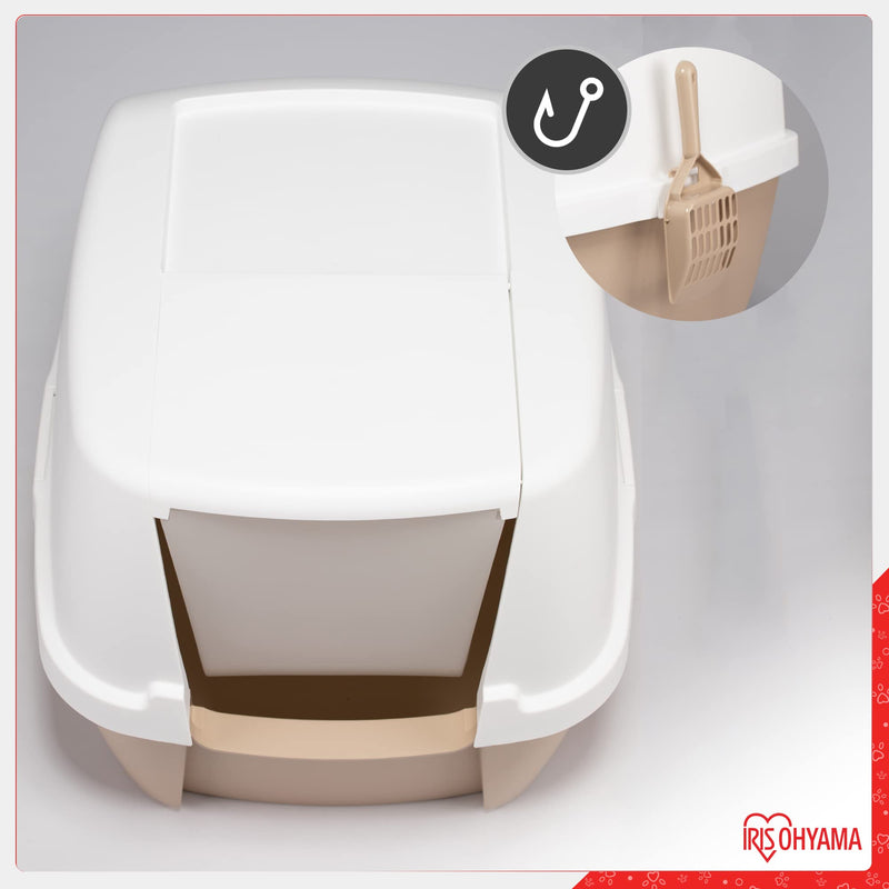 Iris Ohyama, Plastic Litter Box with Scoop, Lid and Folding Door, W53 x D46.5 x H44 cm, Unit, Removable Rim, BPA Free, CLH-17J, For Large Cats, White/Beige - PawsPlanet Australia
