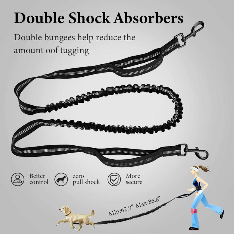 OEFWING Hands Free Dog Leash W/Zipper Pouch : Dual Padded Handles & Durable Retractable Bungee Dog Running Waist Leash for Small to Medium Dogs, Adjustable Waist Belt for Walking Jogging Hiking Biking Black - PawsPlanet Australia