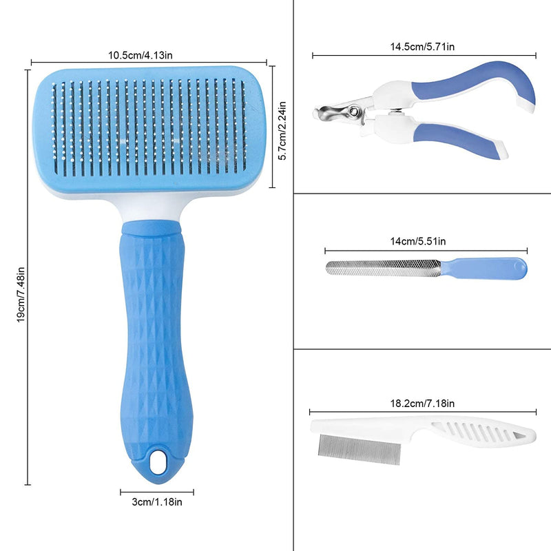 Cat Hair Brush Set, Soft Grooming Shedding Massage Brush for Cat and Dog with One Click Hair Removal Function, Including Cat Nail Clippers, Files, Hair Combs Set (Blue) Blue - PawsPlanet Australia