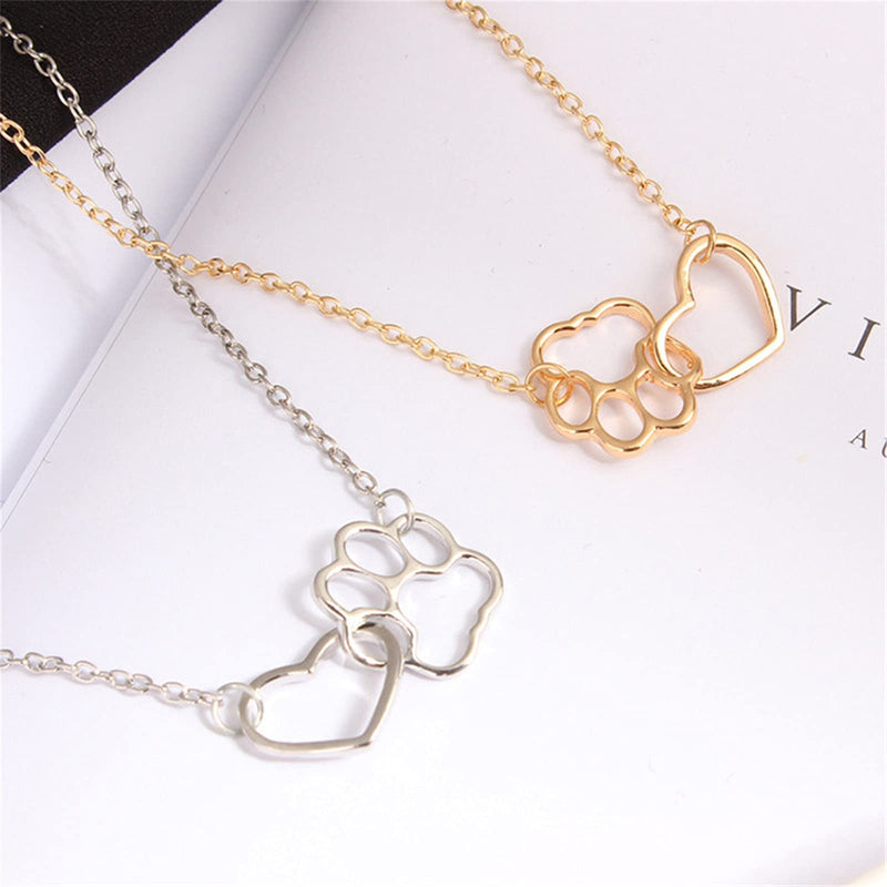COLORFUL BLING Dog Cat Paw Print Pet Footprint Necklace for Women Girls Double Hollow Cute love Charm Creative Doggy Puppy Cat Animal Forever Love Heart Pendant Necklace Jewelry for Pet Lover Girls (Heart and Paw Print) Gold - PawsPlanet Australia