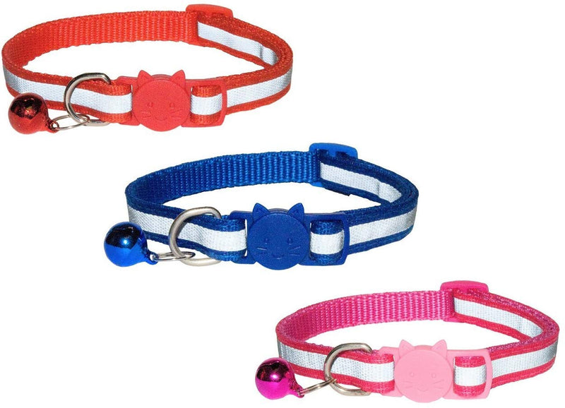 ZACAL Reflective Cat Collars with Bell - Safe Quick Release Buckle – Suitable and Adjustable for all Domestic Cats - Pack of 3 3pk - (Red/Blue/Rose) - PawsPlanet Australia