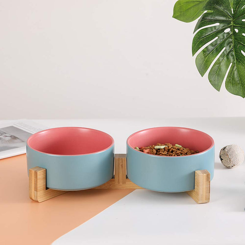 HCHLQLZ Blue Pink Ceramic Cat Bowl with Wood Stand No Spill Pet Food Water Feeder Cats Small Dogs Set of 2 Blue Pink×2 - PawsPlanet Australia