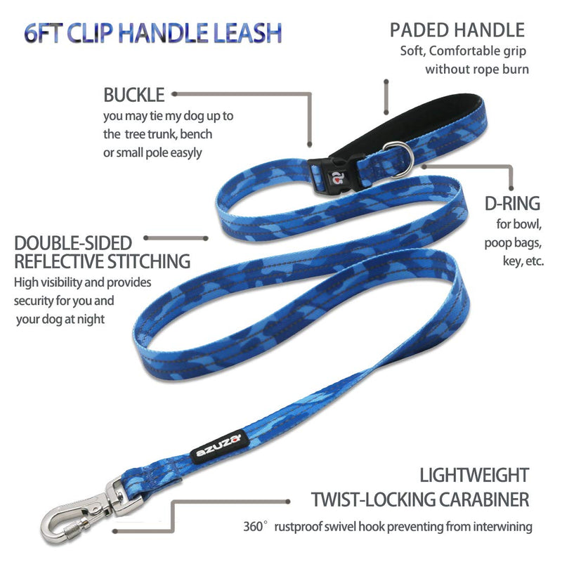 [Australia] - azuza Reflective Dog Collar and Leash Set, Blue Camo Padded Collar with Matching Clip Handle Leash for Small Medium and Large Dogs S (Neck: 11"-16") 