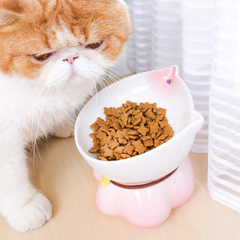 [Australia] - LORVOR Ceramic Raised Cat Bowl, Elevated Slanted Bowl with Tilt Angle Protect Cat's Spine, Stress Free, Backflow Prevention Feeder, Gift for Cat Pink Kitty 