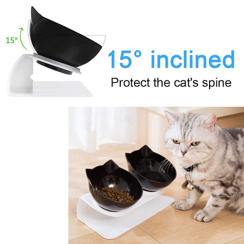 DMSELL (3 Pcs) Cat Bowls/Dog Bowls With Food Scoop and Silicone Pet Feeding Mat, 15°Tilted Double Cat Bowls with Raised Stand, Protect Pets Cervical Vertebra, Adjustable Cat Food and Water Bowl Black+Black(3 PCS) - PawsPlanet Australia