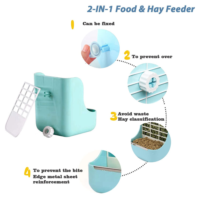 HERCOCCI Rabbit Hay Food Feeders Rack, Guinea Pig Water Bottle No Drip, 2-in-1 Small Pet Rabbit Water Food Feeding Set with Hay Food Feeder Bowls Hanging Water Dispenser for Bunny Chinchilla Syrian - PawsPlanet Australia