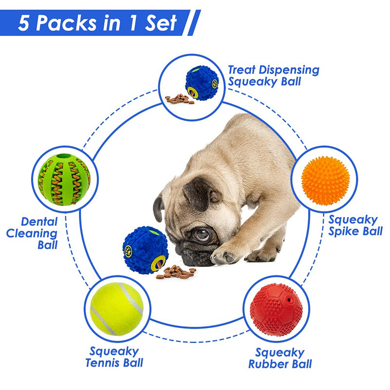 Dog Squeaky Toy Balls Interactive Toys Set - 5 Different Functions Balls - Tennis Ball Food Treat Dispensing Toys Chew Teething Ball IQ Puzzle Fetching Resistant Rubber for Small Medium Large Dogs - PawsPlanet Australia