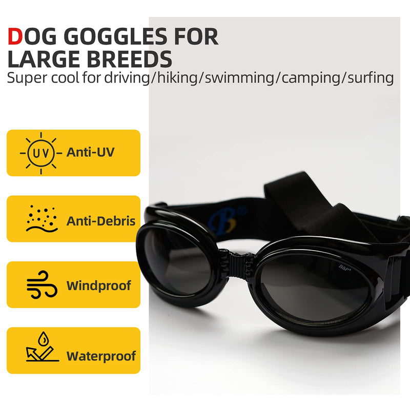 Dog Goggles, Dog Sunglasses with Adjustable Head and Chin Straps, Waterproof Foldable Pet Sunglasses Eye Wear UV Protection Glasses for Large Dogs Puppies Cats Black - PawsPlanet Australia