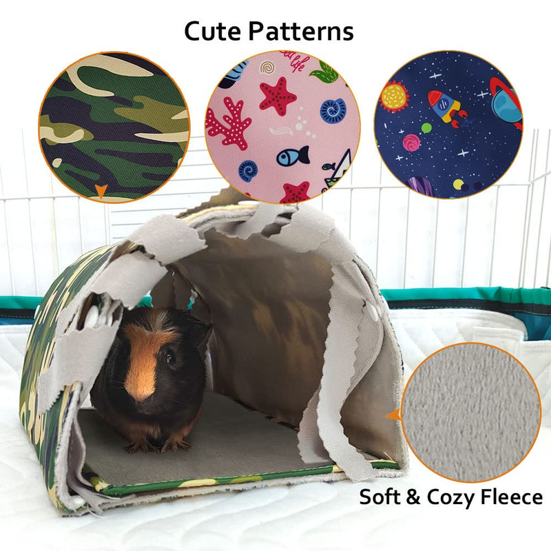 GINIDEAR Guinea Pig Hideout Tunnel Toys Accessories Small Animal Tunnel for Chinchillas, Hedgehogs, Rats and Dwarf Rabbits with Fleece Forest Curtains and Detachable Mats 11" x 7.5" x 6" Blue Space - PawsPlanet Australia