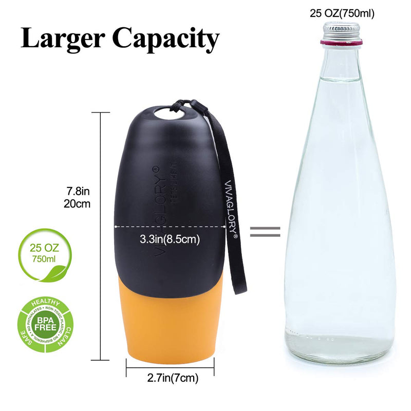 VIVAGLORY Leakproof & Portable Dog Water Bottle, 750ML Dog Drinking Bottle with Large Trough, Orange Yellow - PawsPlanet Australia
