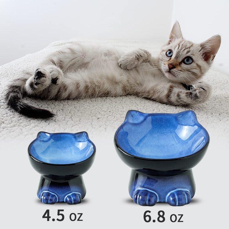 Nihow Slanted Elevated Cat Bowls: Ceramic Raised Cat Food Bowl for Protecting Pet's Spine - Microwave & Dishwasher Safe -Elegant Blue & Black (1 PC) 4.5 OZ - PawsPlanet Australia