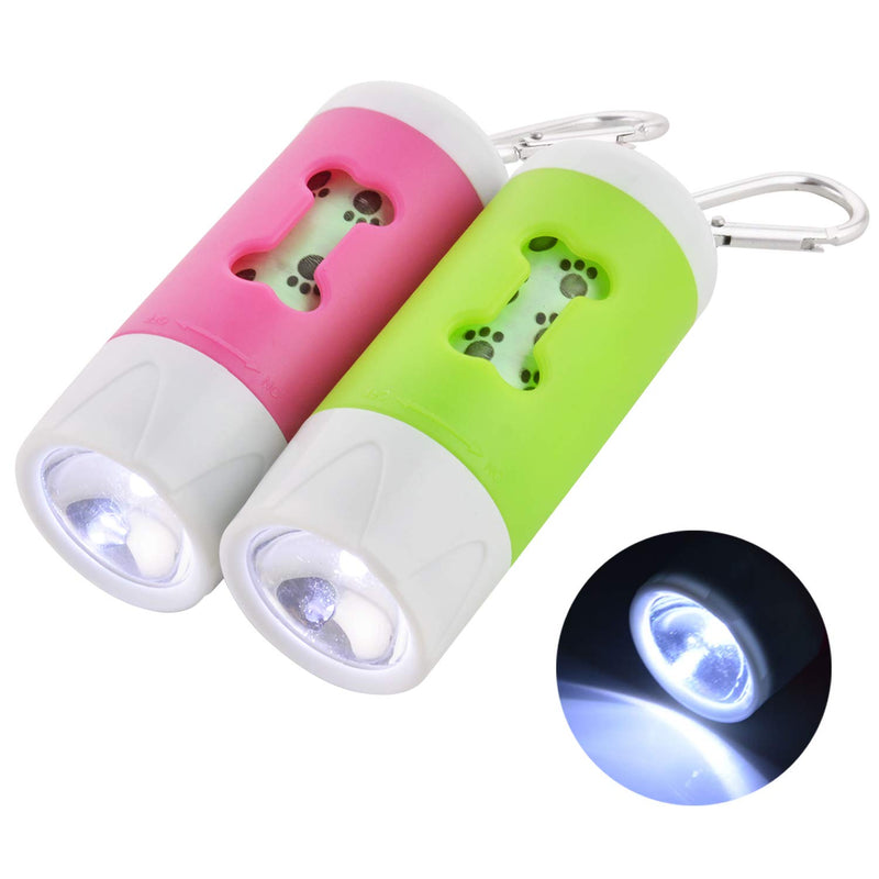 [Australia] - Guardians LED Flashlight Dog Waste Bag Dispenser Holder with Pet Waste Bag Poop Roll Bags (2 Packs) Pink+Green 