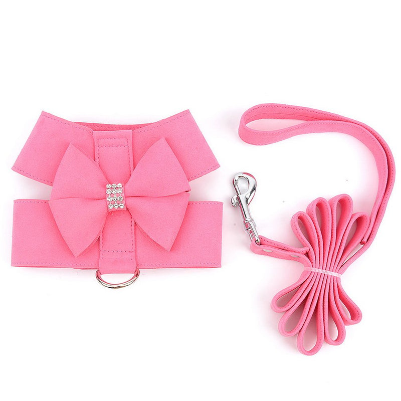 [Australia] - SELMAI Bling Rhinestone Dog Harness Bow Girls Soft Suede Leather for Small Pet Puppy Doggie Cat Girls Vest Collar Leash Set Adjustable/No Pull Chihuahua Yorkie Harness Walking Running S (Neck: 10"; Chest: 12",for 3-5 lbs) Pink 