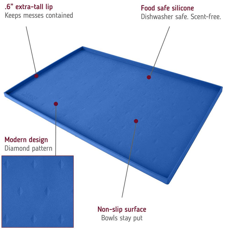 Leashboss Splash Mat Dog Food Mat with Tall Lip, M/L (20"x13"), XL (25”x17”) or XXL (30"x22") Dog Bowl Mat for Food and Water, Non Slip Waterproof Silicone Pet Food Mat for Dogs and Cats M/L - 20 x 13 Inches Blue - PawsPlanet Australia