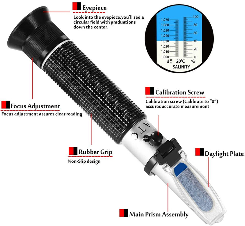 NA Professional Aquarium Refractometer Hydrometer with Automatic Temperature Compensation,Salinity (0-100 PPT) and Specific Gravity (1.000-1.070) for Saltwater/Brackish/Marine/Reef Tank Testing - PawsPlanet Australia