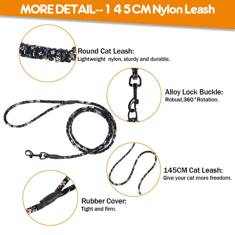 PETTOM Cat Harness with Lead, Adjustable Harness Lead Set for Cat Kitten Small Pet Outdoor Walking with Quick Buckle, Floral Design S: Chest 18 - 30 CM Black Floral - PawsPlanet Australia