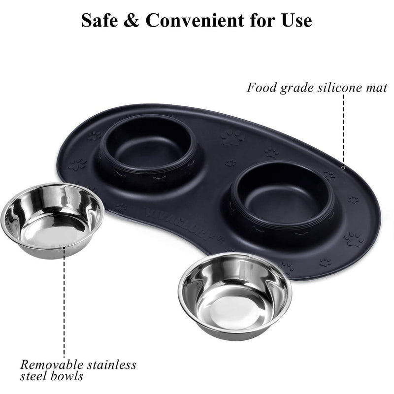 Vivaglory Dog Bowls Set with Double Stainless Steel Feeder Bowls and Wider Non Skid Spill Proof Silicone Mat for Cats Puppies Dogs 6½ oz ea. Black - PawsPlanet Australia