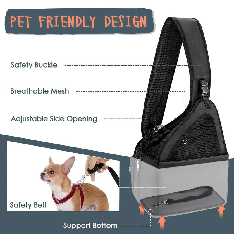 [Australia] - SlowTon Pet Dog Sling Carrier, Hands Free Papoose Small Animal Puppy Travel Bag Tote Breathable Mesh Hard Bottom Support Adjustable Padded Strap Front Pocket Safety Belt Machine Washable Black 