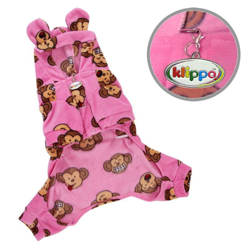 [Australia] - Klippo Dog/Puppy Silly Monkey Fleece Hooded Pajamas/Bodysuit/Loungewear/Coverall/Jumper/Romper with Ears for Small Breeds - Pink 