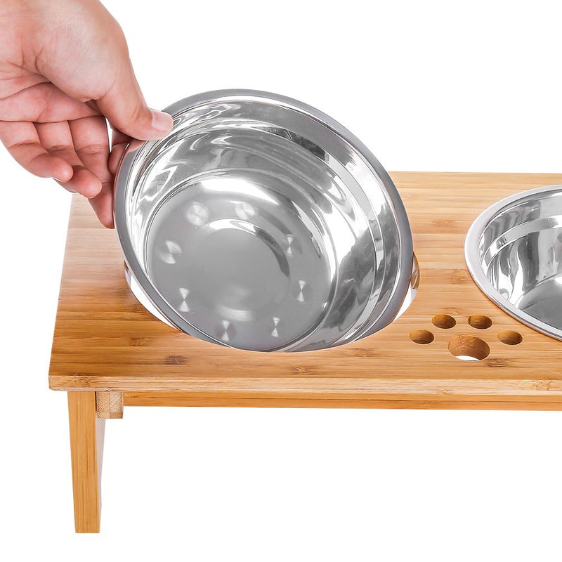 [Australia] - FOREYY Raised Pet Bowls for Cats and Dogs, Bamboo Elevated Dog Cat Food and Water Bowls Stand Feeder with 2 Stainless Steel Bowls and Anti Slip Feet 4'' Tall-20 oz bowl 