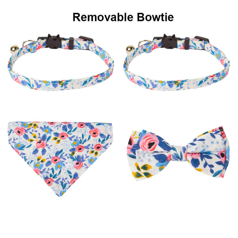 ADOGGYGO Breakaway Cat Collar with Bow Tie Bandana, Kitten Collar with Removable Bowtie Bandana Cute Flower Pattern Cat Bowtie Bandana Collar for Cat Puppy Blue - PawsPlanet Australia