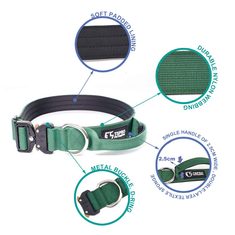 TSPRO Premium Dog Collar with Handle Thick Adjustable Dog Collar Heavy Duty Quick Release Metal Buckle Dog Collar for Small or Medium to Extra Large Dogz(Green-M) Handle Version-Size M-(Adjustable37-46cm) Green - PawsPlanet Australia