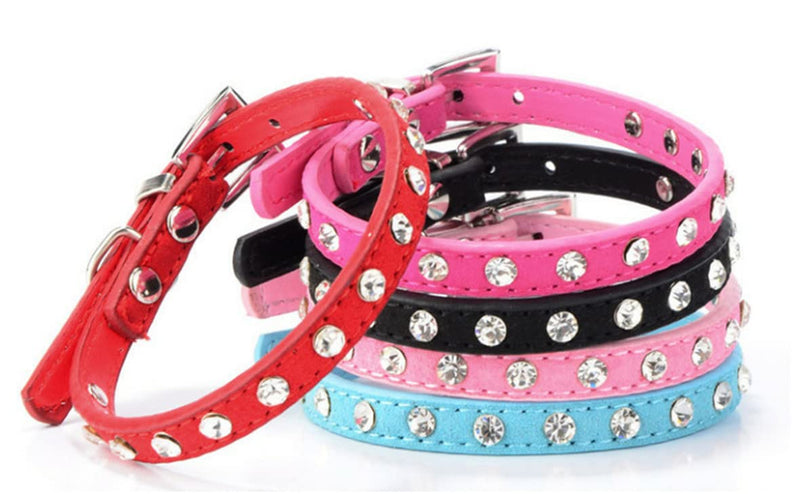 Hotlion Rhinestone Dog Collar Cute Crystal Diamond Cat Collar Soft Suede Leather Kitten Puppy Collars for Small Medium Pets Red XS X-Small (Neck 7.9"-10.2") - PawsPlanet Australia