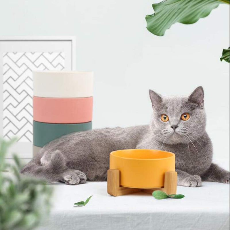 [Australia] - llkajes Ceramic Raised Cat Bowl Food Water Dog Basic Bowl with Anti-Slip Wooden Stand Protect Neck Joints Pet Feeding Bowls Easy to Clean Healthy Eating Yellow 