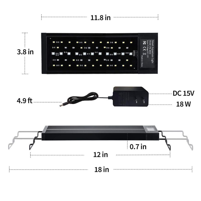 AMZBD Aquarium Light LED with Timer, Dimmable 7 Colors, Programmable, Waterproof, Full Spectrum Fish Tank Light with Extendable Brackets 12 - 18 inch(18W) - PawsPlanet Australia