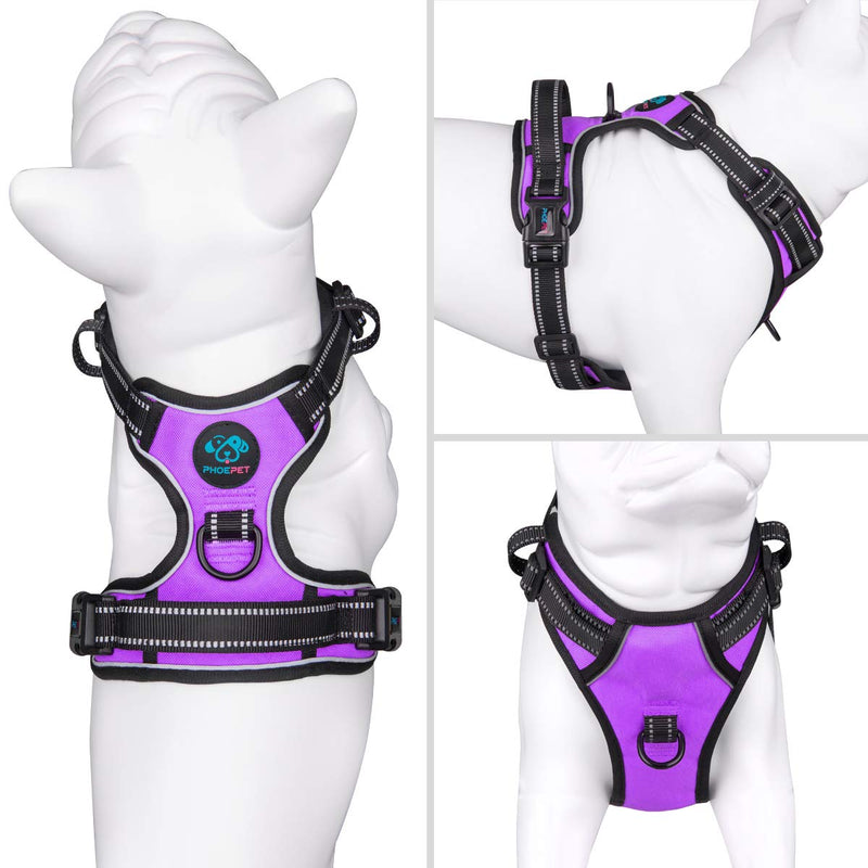 [Australia] - PHOEPET No Pull Dog Harness Reflective Adjustable with 2 Metal Leash Hooks and Soft Training Handle [Over The Head Design] S Purple 