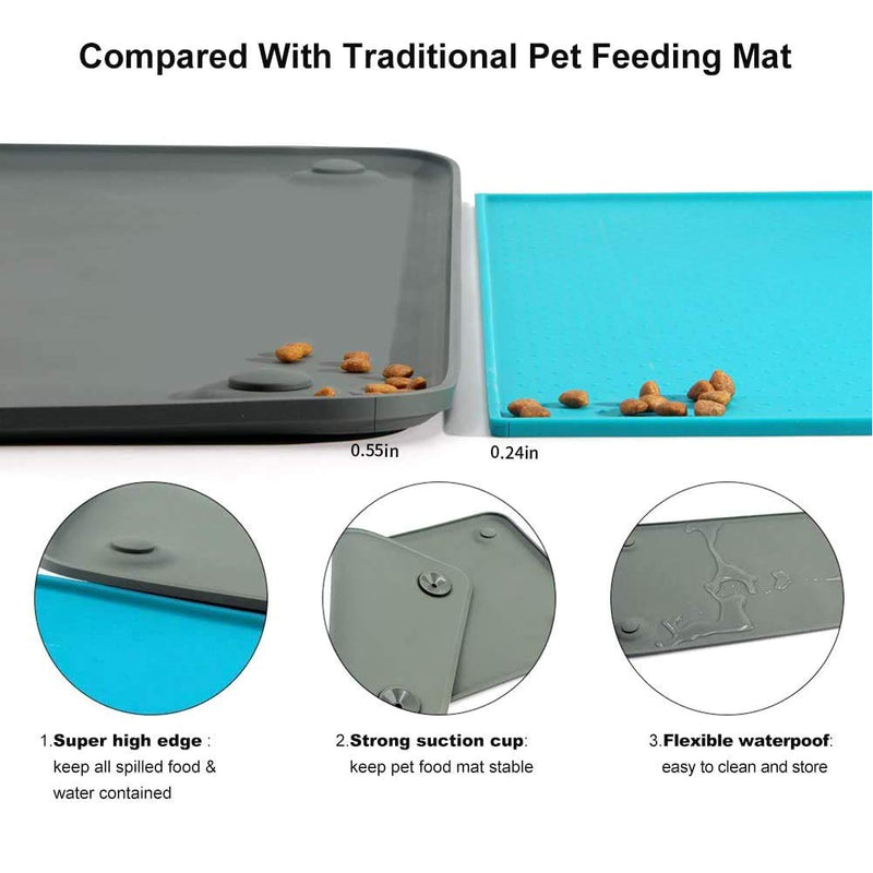 Pet Feeding Mat - Silicone Dog Cat Bowl Mat Food Bowl Mat Feeding Tray FDA Grade Silicone Raised Lip Non Spill Large Waterproof & Anti-slip Food Grade Mat with Suction Cup Waterproof Washable - PawsPlanet Australia