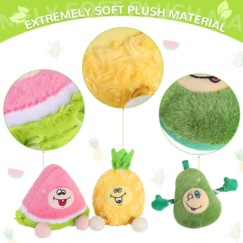 BINGPET Dog Plush Squeaky Toys - 3 Pack Durable Interative Soft Stuffed Teething and Chew Toys with Squeakers and Rope for Small Medium Large Dogs, Pineapple, Avocado, Watermelon - PawsPlanet Australia