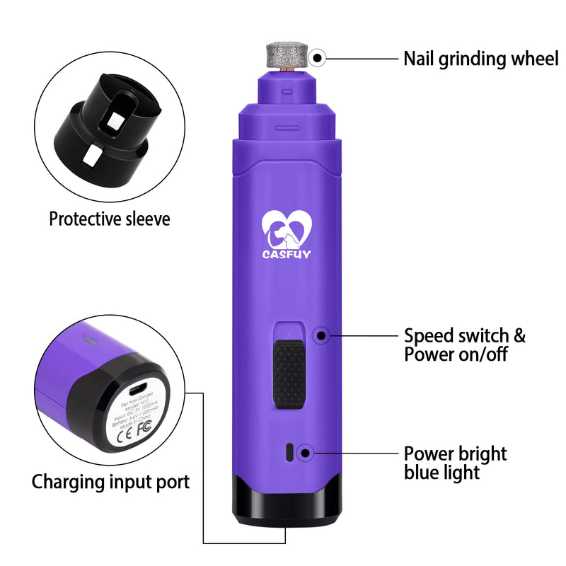 Casfuy Dog Nail Grinder - Professional 2-Speed Electric Rechargeable Pet Nail Trimmer Painless Paws Grooming & Smoothing for Small Medium Large Dogs Cats Purple - PawsPlanet Australia
