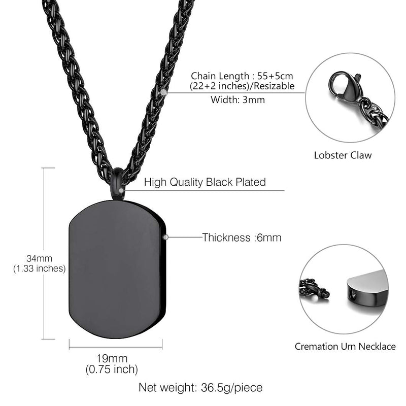 [Australia] - Bar/Hourglass/Angel Wing/Dog Tag/Teardrop/Pet Paw/Special Date Calendar Pendant Urn Necklace For Ashes For Men Women Personalized Cremation Jewelry Waterproof & Rolo Chain 18''+2''(with Gift Box) 03-Black Dog Tag no personalized 