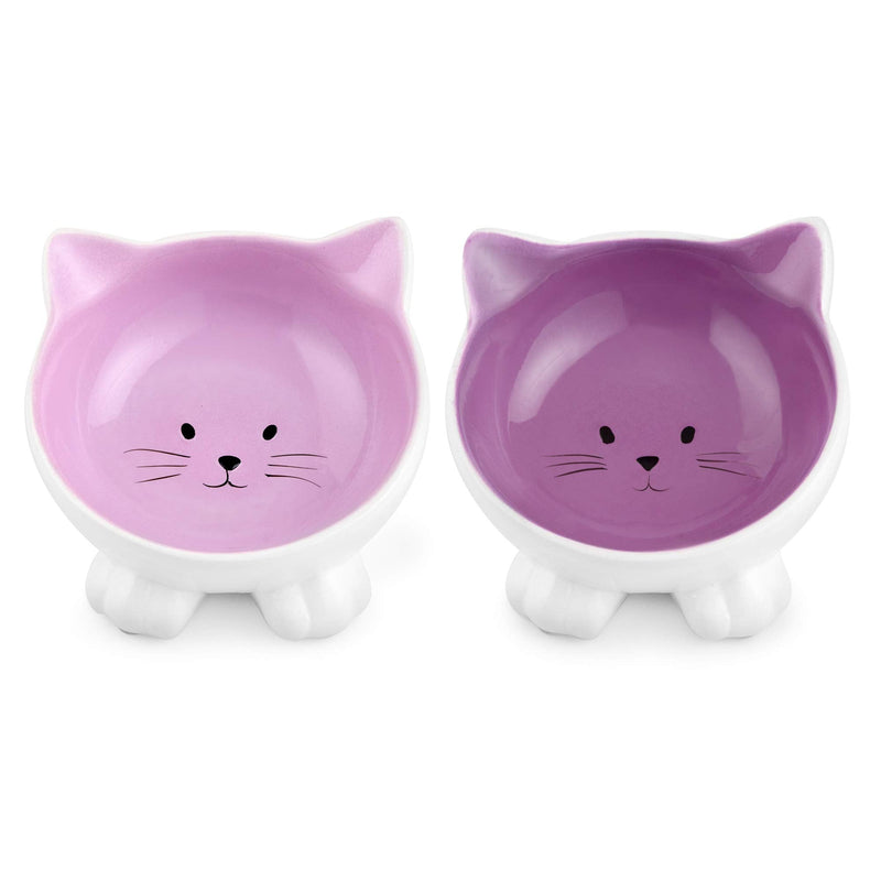 Navaris Cat Bowls with Ears - 2 Pack of Ceramic Cat Feeding Dishes with Anti Slip Silicone Feet - Purple Cat Shaped Food and Water Bowls Set Violet - PawsPlanet Australia